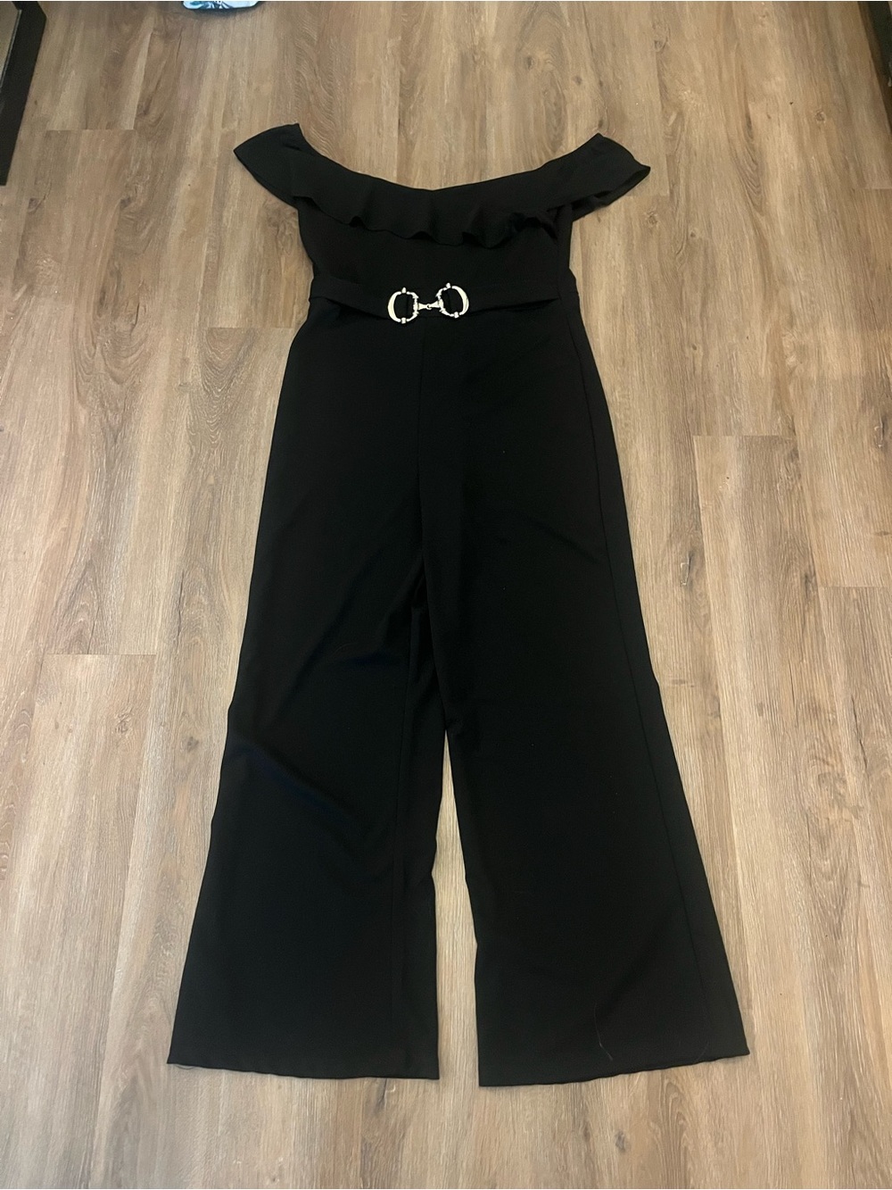 J for Justify Black Off-Shoulder Wide-Leg Jumpsuit with Buckle Detail